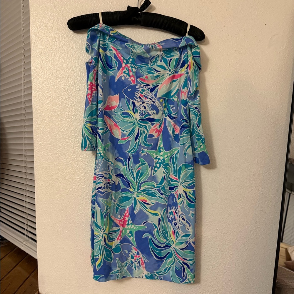 Lilly Pulitzer One Shoulder Floral Dress in Blue and Green